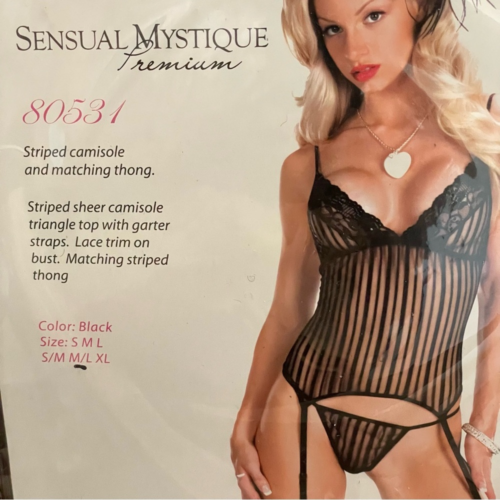 SENSUAL MYSTIQUE Premium Camisole and Matching Thong Striped Black Style 80531
